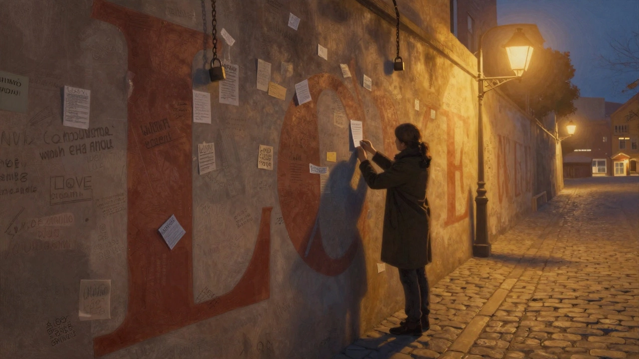 A lone figure placing a note on a glowing wall at dusk in Prague&#039;s Lesser Town, shadows stretching behind.