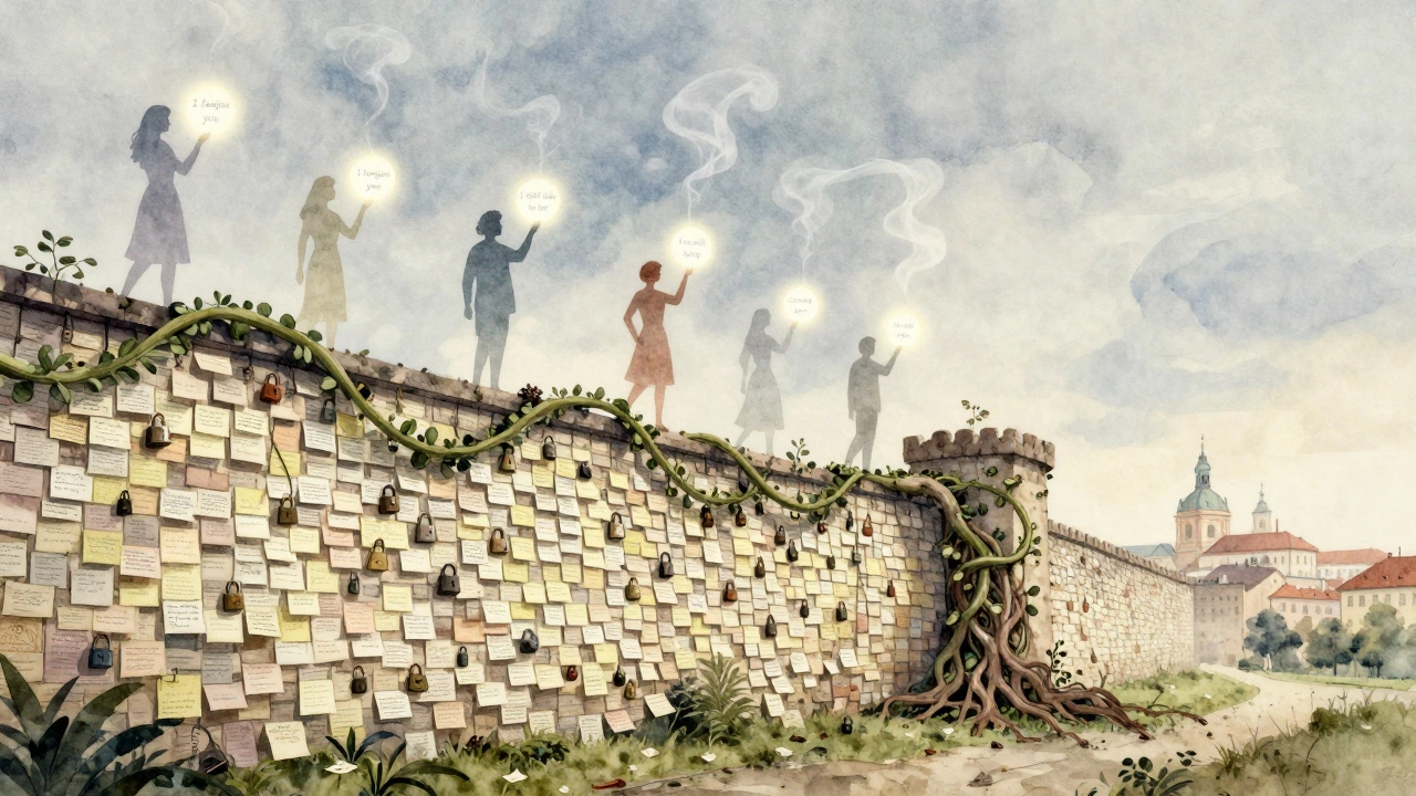 A surreal wall of paper notes and locks rising into the sky, with floating messages of love and loss.