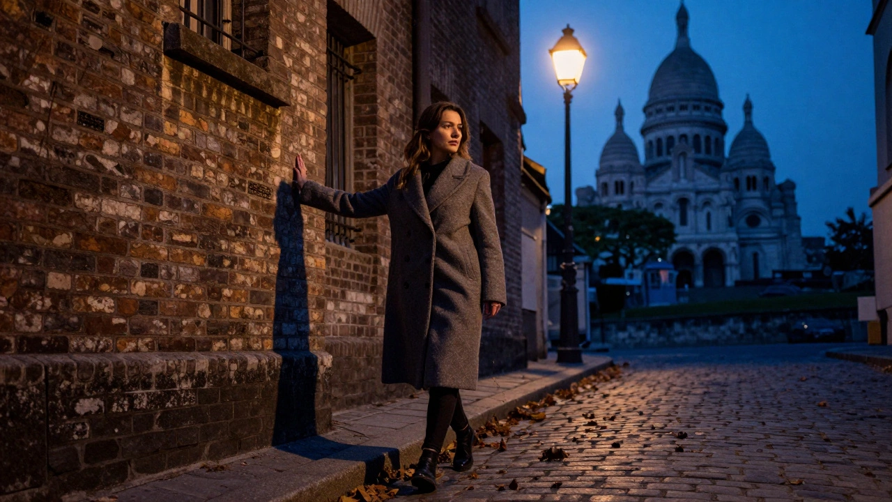 A Ukrainian woman walks calmly through a twilight Montmartre alley, coat wrapped tight, leaves swirling around her as the Sacré-Cœur glows in the distance.