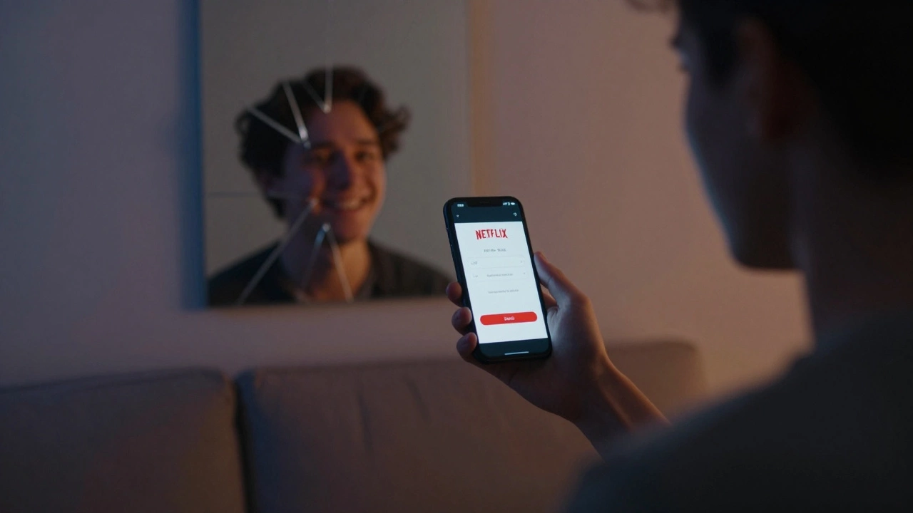Person holding phone with dual Netflix logins, fractured reflection in mirror showing duality of truth.