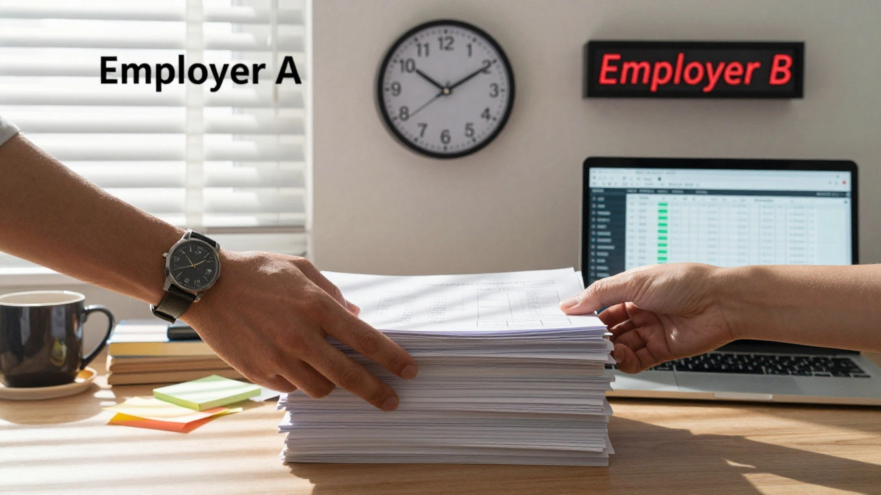 Two hands reaching for the same financial documents in a home office, digital clock showing duplicate work hours.